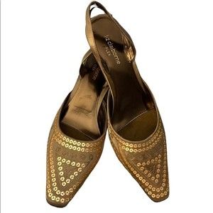 Classy Liz Claiborne Sling-Back heels. Gold, Satin and Sequin details.  Size 7.5